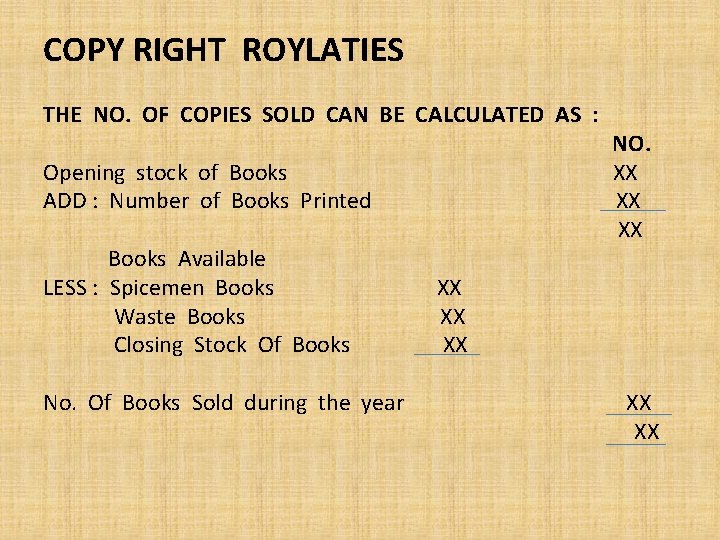 COPY RIGHT ROYLATIES THE NO. OF COPIES SOLD CAN BE CALCULATED AS : Opening