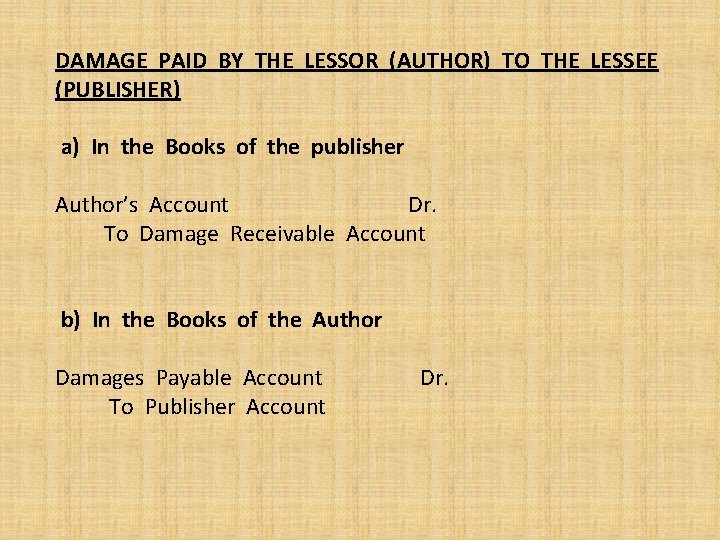 DAMAGE PAID BY THE LESSOR (AUTHOR) TO THE LESSEE (PUBLISHER) a) In the Books