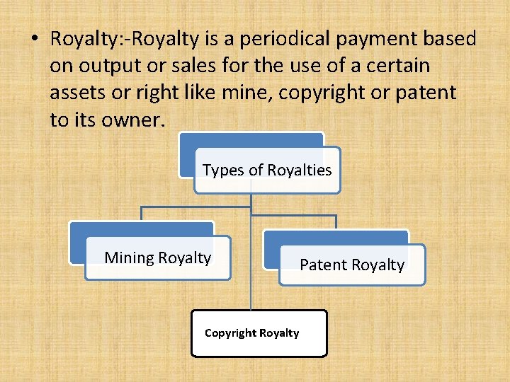  • Royalty: -Royalty is a periodical payment based on output or sales for