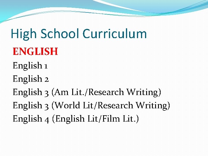 High School Curriculum ENGLISH English 1 English 2 English 3 (Am Lit. /Research Writing)