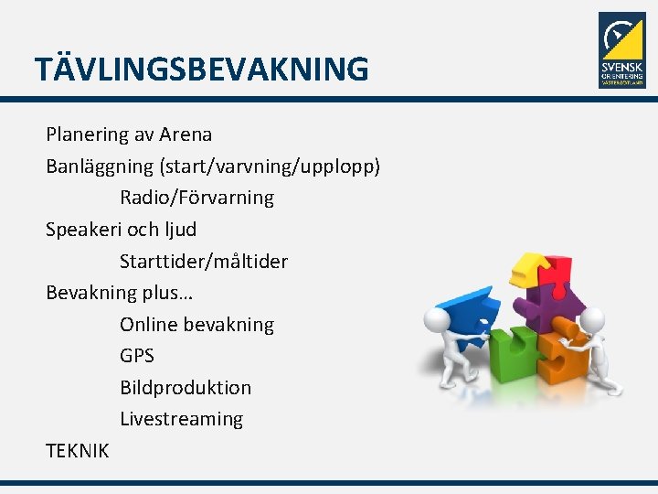 TÄVLINGSBEVAKNING Planering av Arena Banläggning (start/varvning/upplopp) Radio/Förvarning Speakeri och ljud Starttider/måltider Bevakning plus… Online