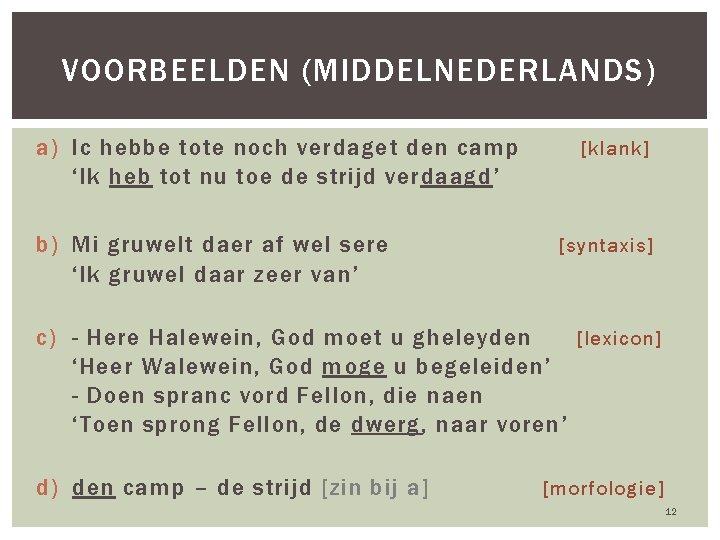 VOORBEELDEN (MIDDELNEDERLANDS) a) Ic hebbe tote noch verdaget den camp ‘Ik heb tot nu