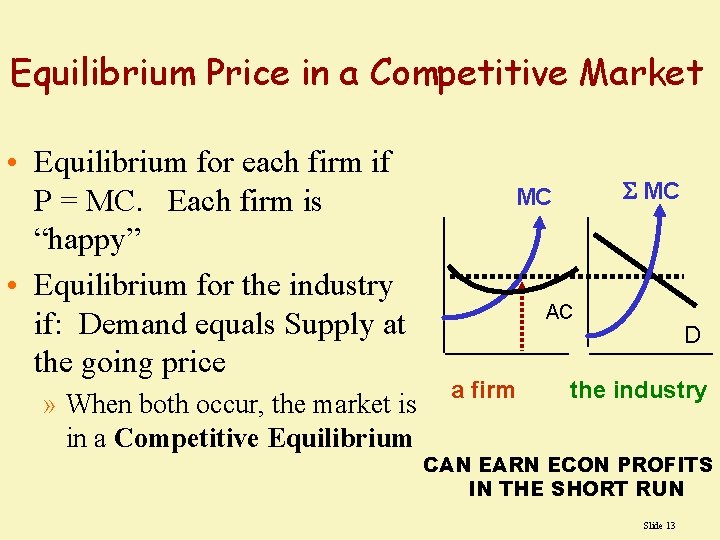 Equilibrium Price in a Competitive Market • Equilibrium for each firm if P =