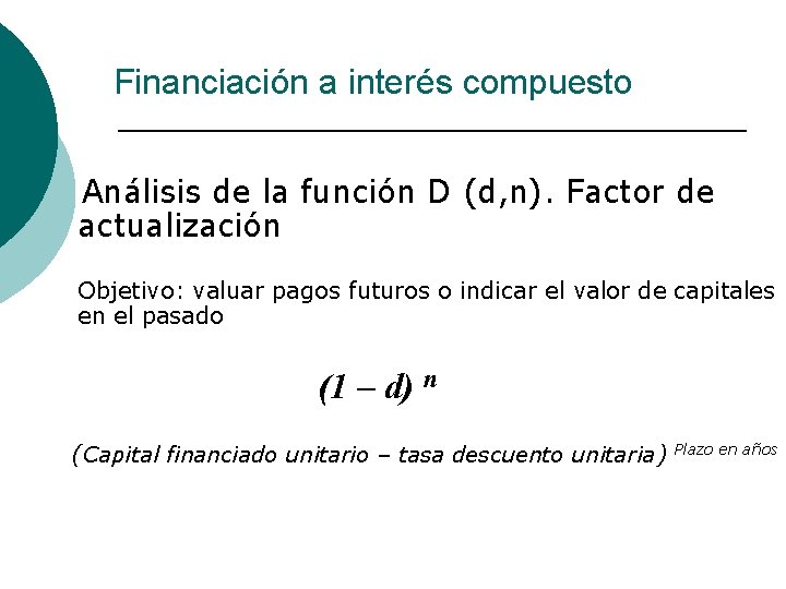 Financiación a interés compuesto Análisis de la función D (d, n). Factor de actualización