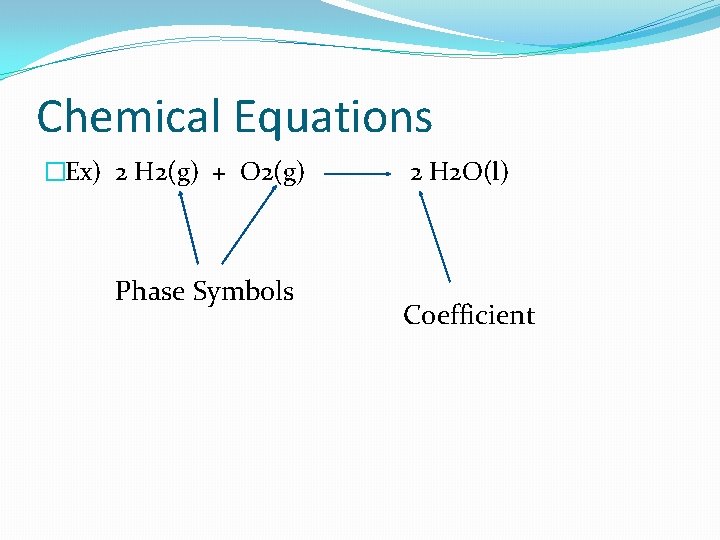 Chemical Equations �Ex) 2 H 2(g) + O 2(g) Phase Symbols 2 H 2