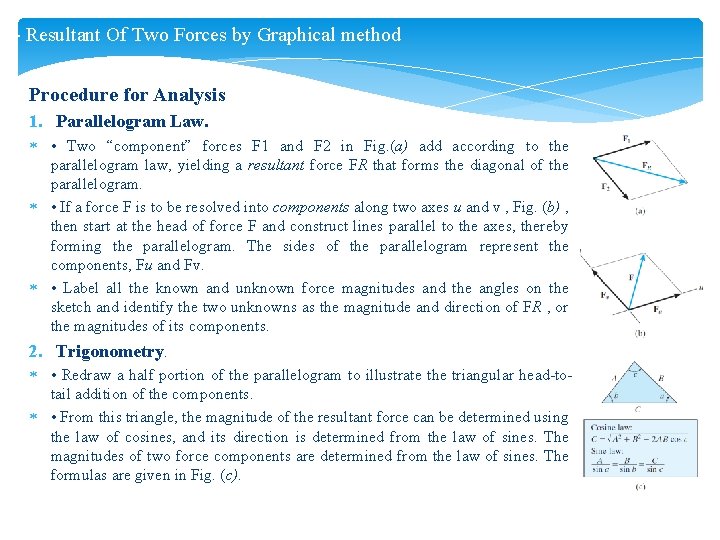 I- Resultant Of Two Forces by Graphical method Procedure for Analysis 1. Parallelogram Law.