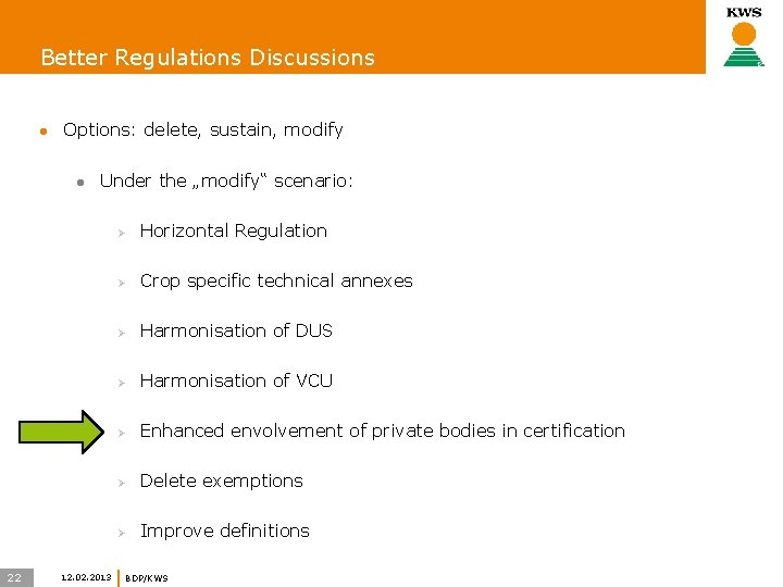 Better Regulations Discussions l Options: delete, sustain, modify l 22 Under the „modify“ scenario: