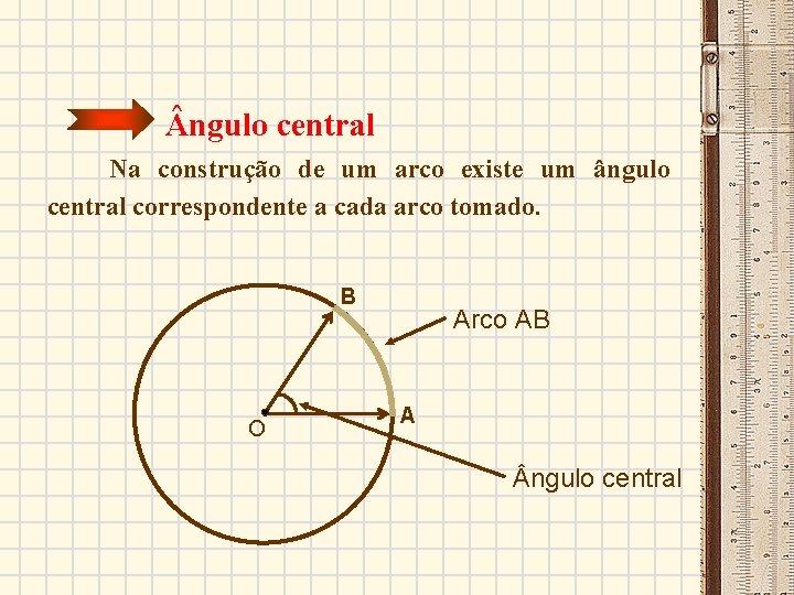 ngulo central Na construção de um arco existe um ângulo central correspondente a ngulo central Na construção de um arco existe um ângulo central correspondente a