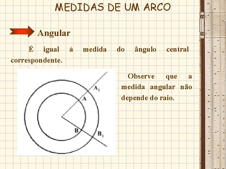 MEDIDAS DE UM ARCO Angular É igual à correspondente. medida do ângulo central Observe