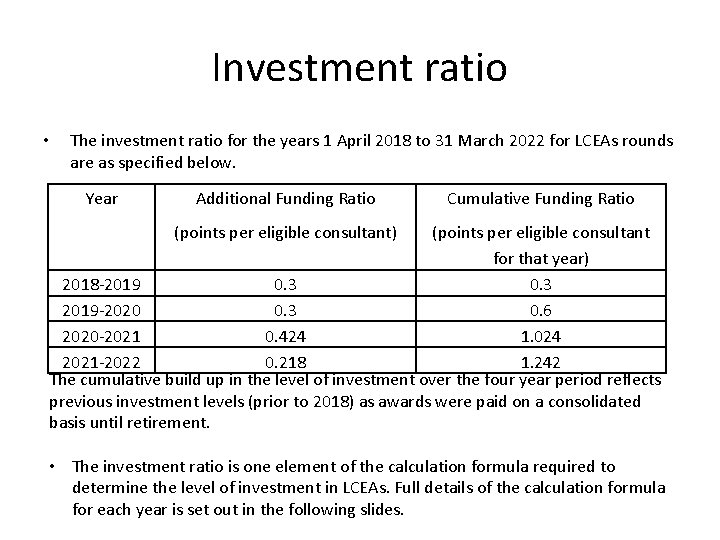 Investment ratio • Consultant contract reform The investment ratio for the years 1 April