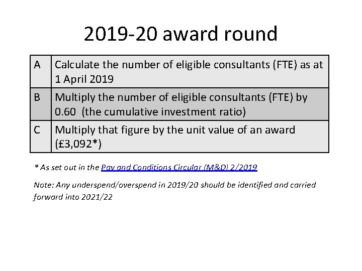 2019 -20 award round A B C Consultant contract reform Calculate the number of