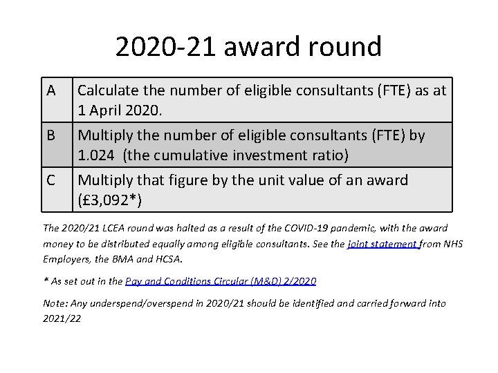 2020 -21 award round A B C Consultant contract reform Calculate the number of
