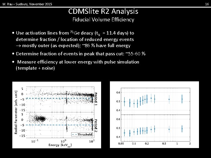 W. Rau – Sudbury, November 2015 CDMSlite R 2 Analysis Fiducial Volume Efficiency •