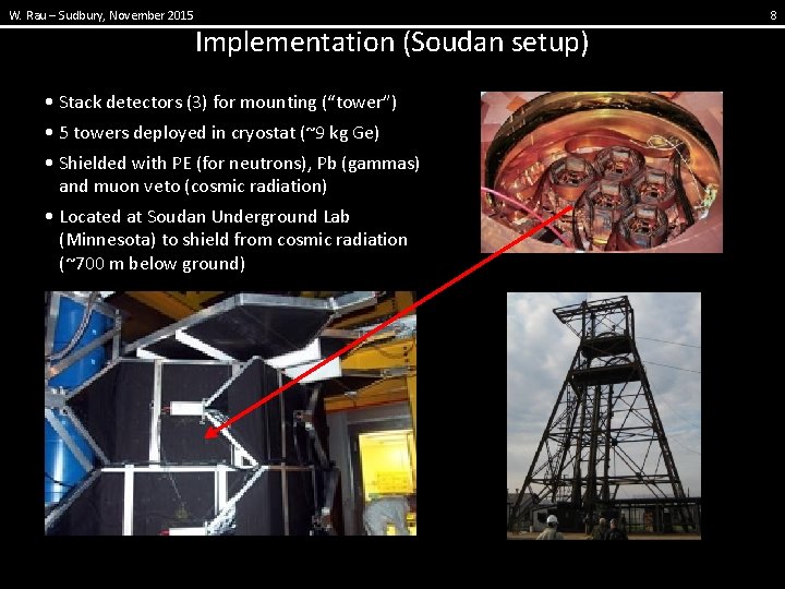 W. Rau – Sudbury, November 2015 Implementation (Soudan setup) • Stack detectors (3) for