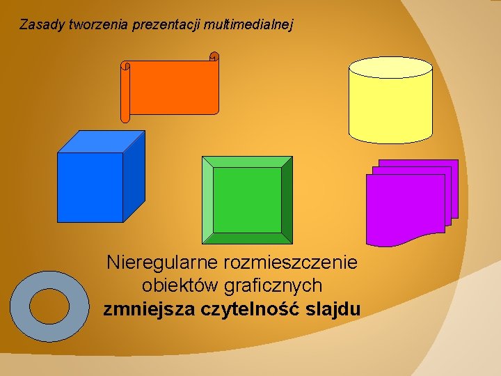 Zasady tworzenia prezentacji multimedialnej Nieregularne rozmieszczenie obiektów graficznych zmniejsza czytelność slajdu 