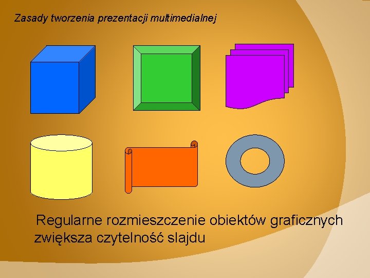 Zasady tworzenia prezentacji multimedialnej Regularne rozmieszczenie obiektów graficznych zwiększa czytelność slajdu 