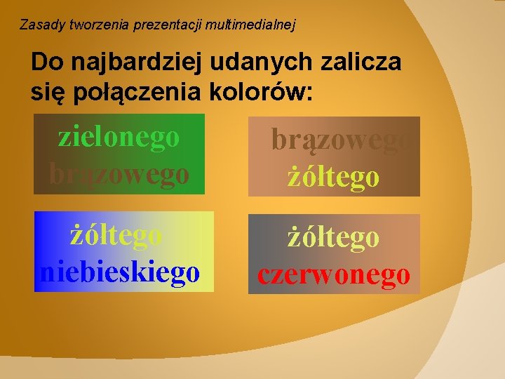 Zasady tworzenia prezentacji multimedialnej Do najbardziej udanych zalicza się połączenia kolorów: zielonego brązowego żółtego