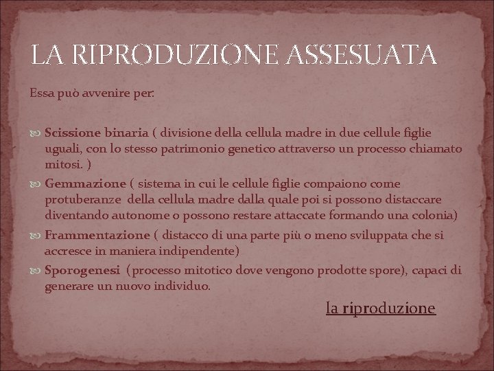 LA RIPRODUZIONE ASSESUATA Essa può avvenire per: Scissione binaria ( divisione della cellula madre