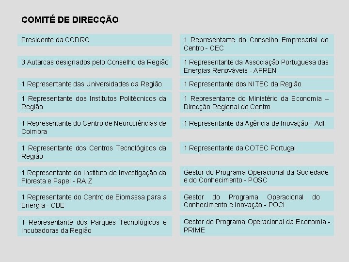 COMITÉ DE DIRECÇÃO Presidente da CCDRC 1 Representante do Conselho Empresarial do Centro -