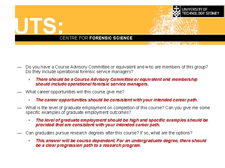 UTS: CENTRE FORENSIC SCIENCE — Do you have a Course Advisory Committee or equivalent