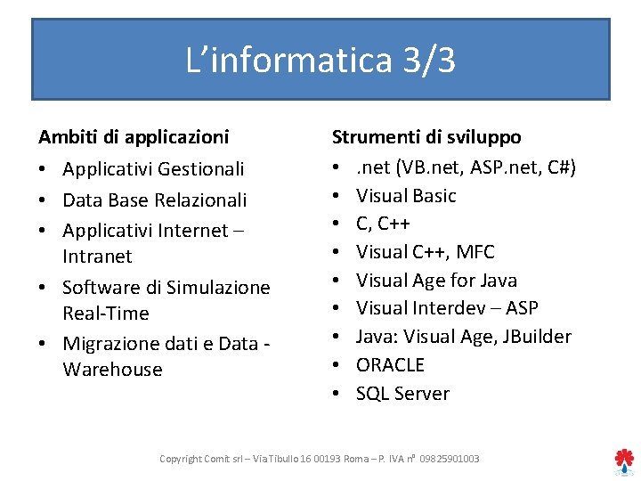 L’informatica 3/3 Ambiti di applicazioni • Applicativi Gestionali • Data Base Relazionali • Applicativi