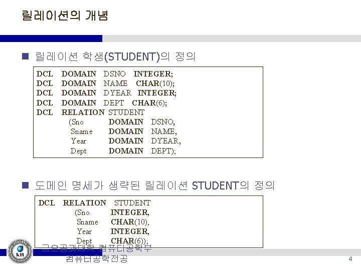 릴레이션의 개념 n 릴레이션 학생(STUDENT)의 정의 DCL DCL DCL DOMAIN DSNO INTEGER; DOMAIN NAME