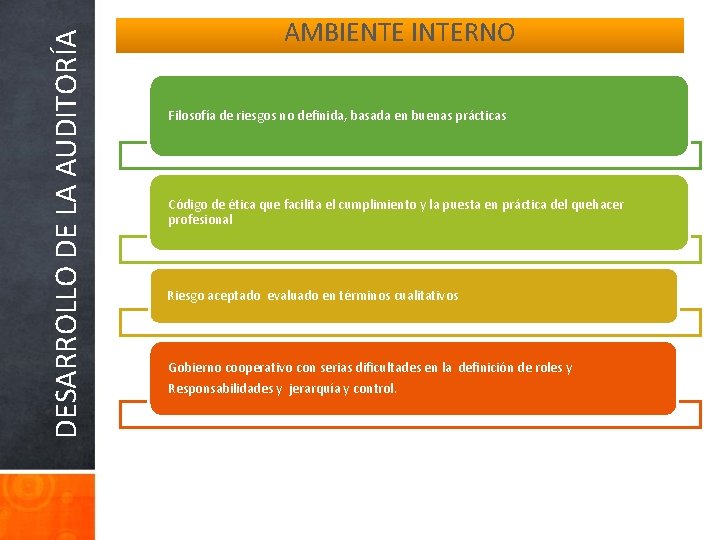 DESARROLLO DE LA AUDITORÍA AMBIENTE INTERNO Filosofía de riesgos no definida, basada en buenas