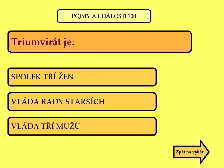 POJMY A UDÁLOSTI 100 Triumvirát je: SPOLEK TŘÍ ŽEN VLÁDA RADY STARŠÍCH VLÁDA TŘÍ