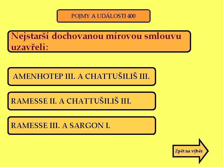 POJMY A UDÁLOSTI 400 Nejstarší dochovanou mírovou smlouvu uzavřeli: AMENHOTEP III. A CHATTUŠILIŠ III.