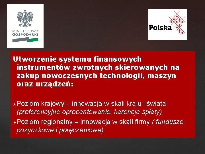 Utworzenie systemu finansowych instrumentów zwrotnych skierowanych na zakup nowoczesnych technologii, maszyn oraz urządzeń: Poziom