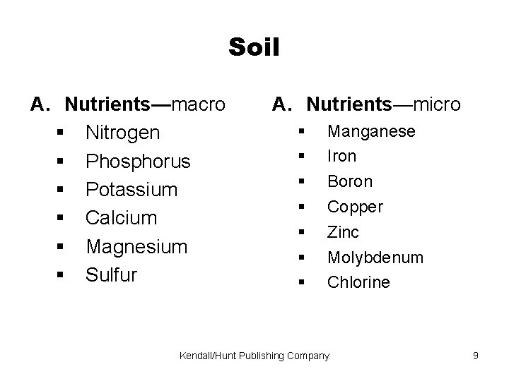 Soil A. Nutrients—macro Nitrogen Phosphorus Potassium Calcium Magnesium Sulfur A. Nutrients—micro Manganese Iron Boron