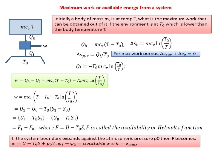 Maximum work or available energy from a system w 
