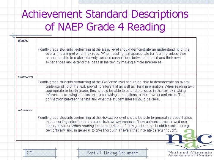 Achievement Standard Descriptions of NAEP Grade 4 Reading Basic Fourth-grade students performing at the
