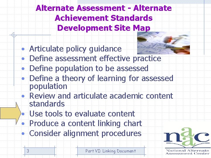 Alternate Assessment - Alternate Achievement Standards Development Site Map Articulate policy guidance Define assessment