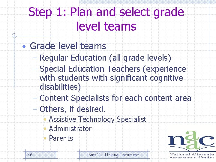 Step 1: Plan and select grade level teams • Grade level teams – Regular