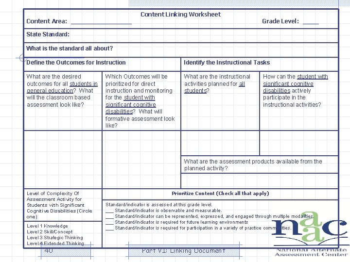 Content Area: __________ Content Linking Worksheet Grade Level: _____ State Standard: What is the