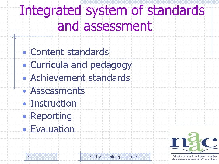 Integrated system of standards and assessment Content standards Curricula and pedagogy Achievement standards Assessments