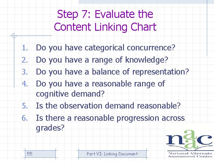 Step 7: Evaluate the Content Linking Chart 1. 2. 3. 4. 5. 6. 55