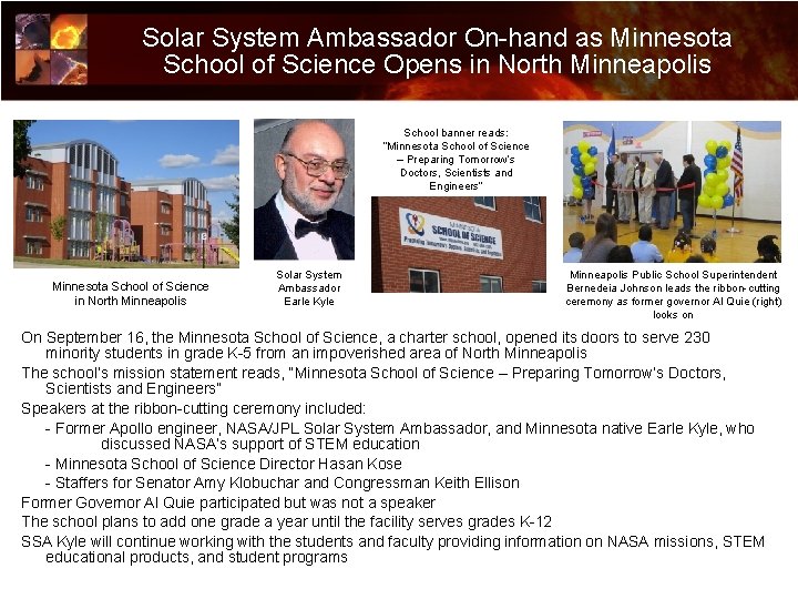 Solar System Ambassador On-hand as Minnesota School of Science Opens in North Minneapolis School