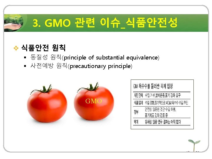 3. GMO 관련 이슈_식품안전성 v 식품안전 원칙 § 동질성 원칙(principle of substantial equivalence) §