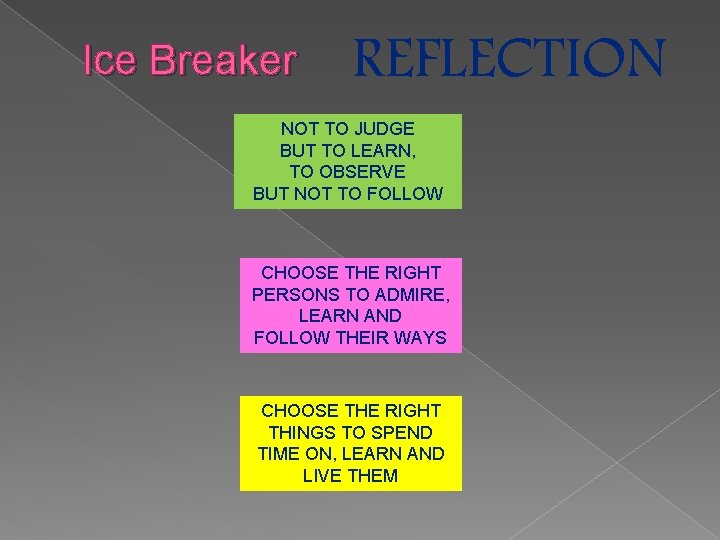 Ice Breaker REFLECTION NOT TO JUDGE BUT TO LEARN, TO OBSERVE BUT NOT TO