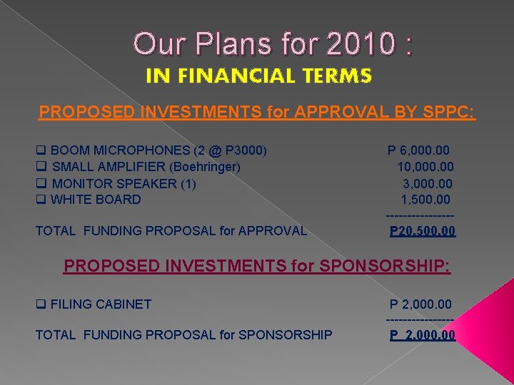 Our Plans for 2010 : IN FINANCIAL TERMS PROPOSED INVESTMENTS for APPROVAL BY SPPC: