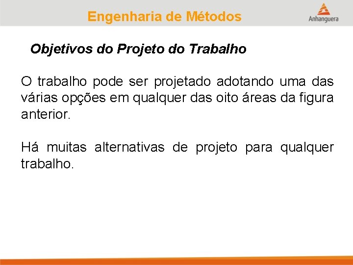 Engenharia de Métodos Objetivos do Projeto do Trabalho O trabalho pode ser projetado adotando