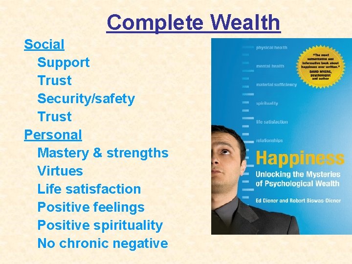 Complete Wealth Social Support Trust Security/safety Trust Personal Mastery & strengths Virtues Life satisfaction