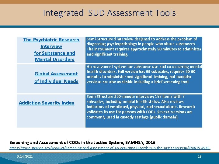 Integrated SUD Assessment Tools The Psychiatric Research Interview for Substance and Mental Disorders Global