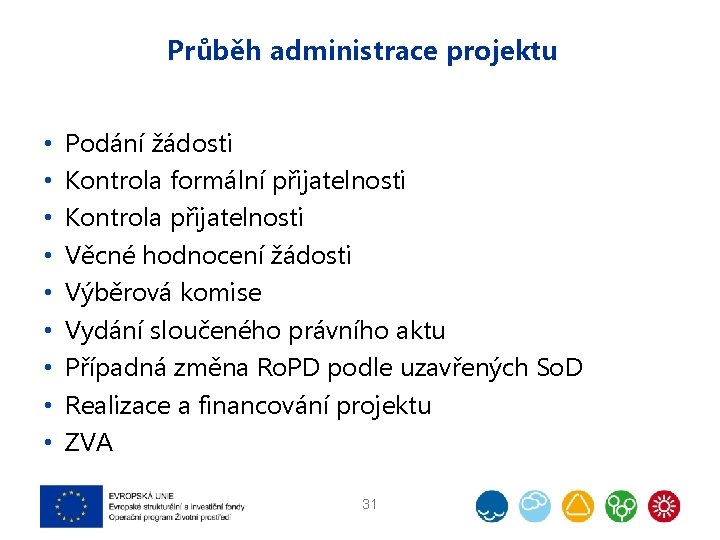 Průběh administrace projektu • • • Podání žádosti Kontrola formální přijatelnosti Kontrola přijatelnosti Věcné