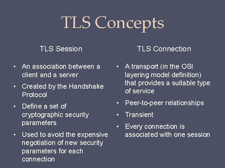 TLS Concepts TLS Session • An association between a client and a server •