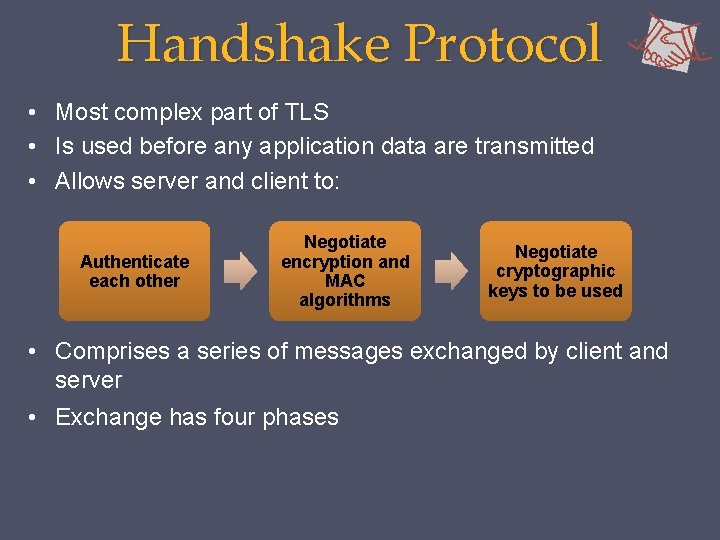 Handshake Protocol • Most complex part of TLS • Is used before any application