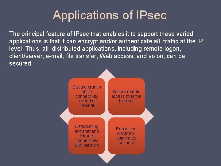 Applications of IPsec The principal feature of IPsec that enables it to support these
