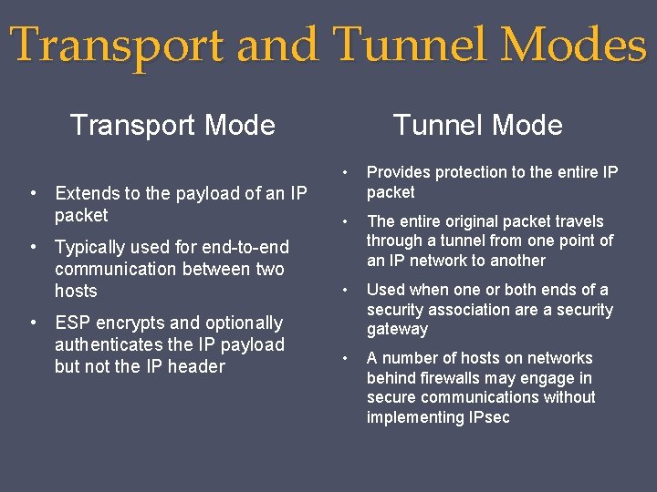 Transport and Tunnel Modes Transport Mode Tunnel Mode • • Extends to the payload